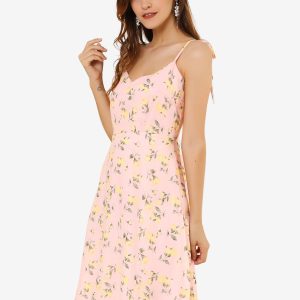 Spaghetti Strap Dress A-Line Smocked Beach Summer Floral Sundress Pink/L - Allegra K catalog
