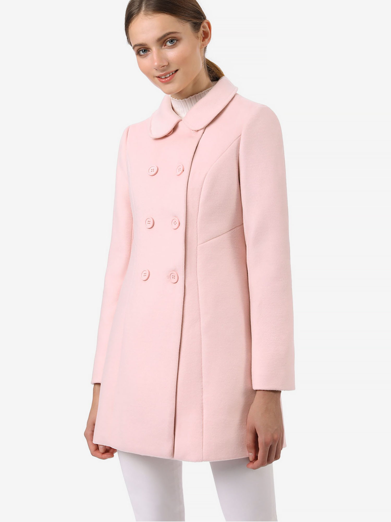 Peter Pan Collar Double Breasted Long Trench Pea Coat Pink/3XL - Allegra K catalog