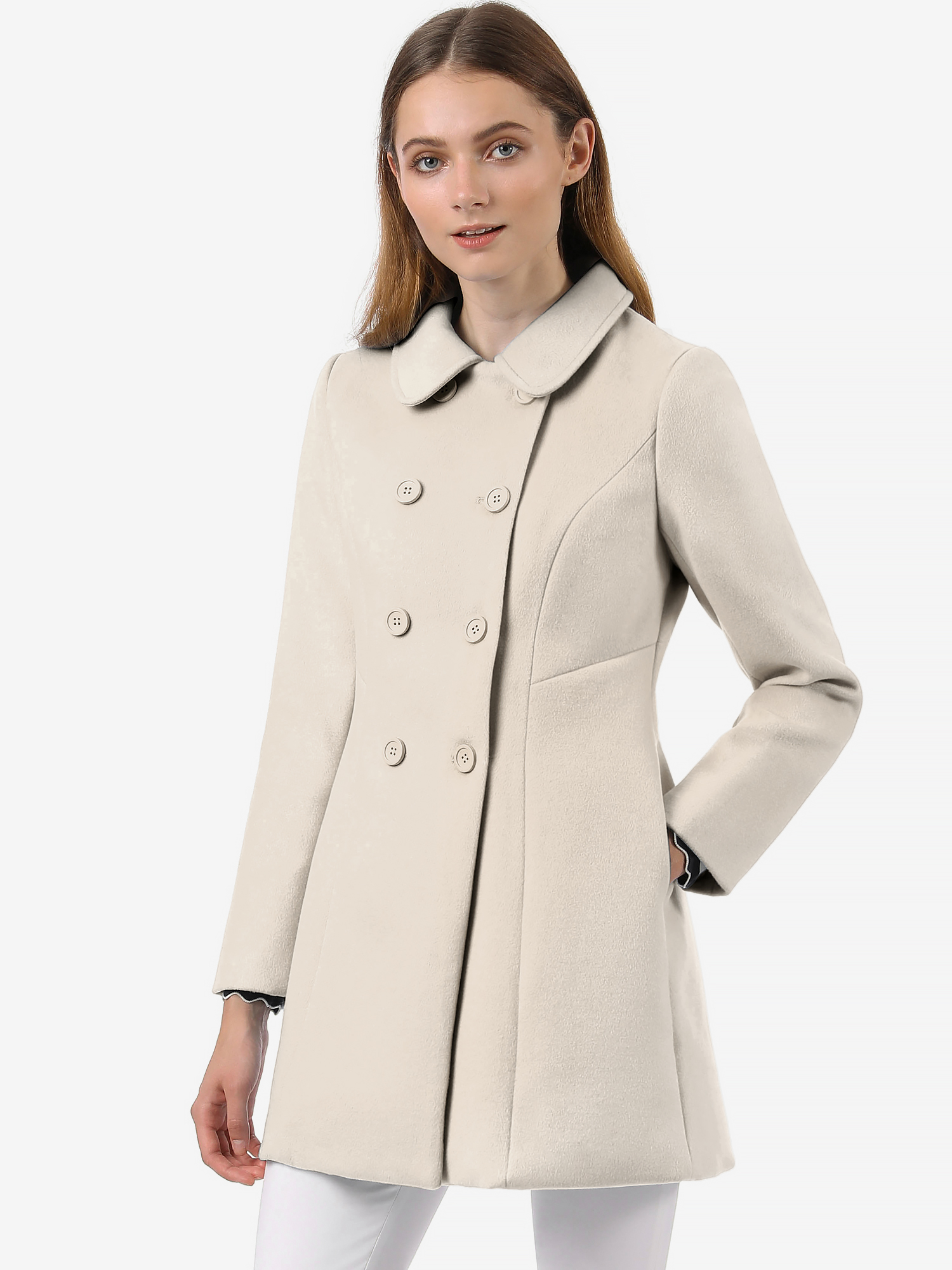 Peter Pan Collar Double Breasted Long Trench Pea Coat Beige/3XL - Allegra K catalog