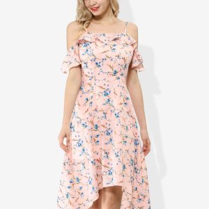 Spaghetti Strap Asymmetrical High Low Floral A-Line Midi Dress Pink/XL - Allegra K catalog