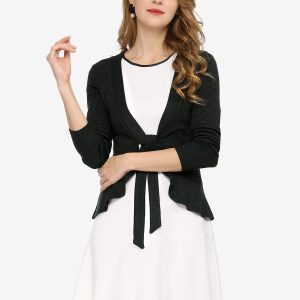 Women's Tie Front Knit Ruffled Long Sleeve Open Cardigan Black/2XL - Allegra K catalog