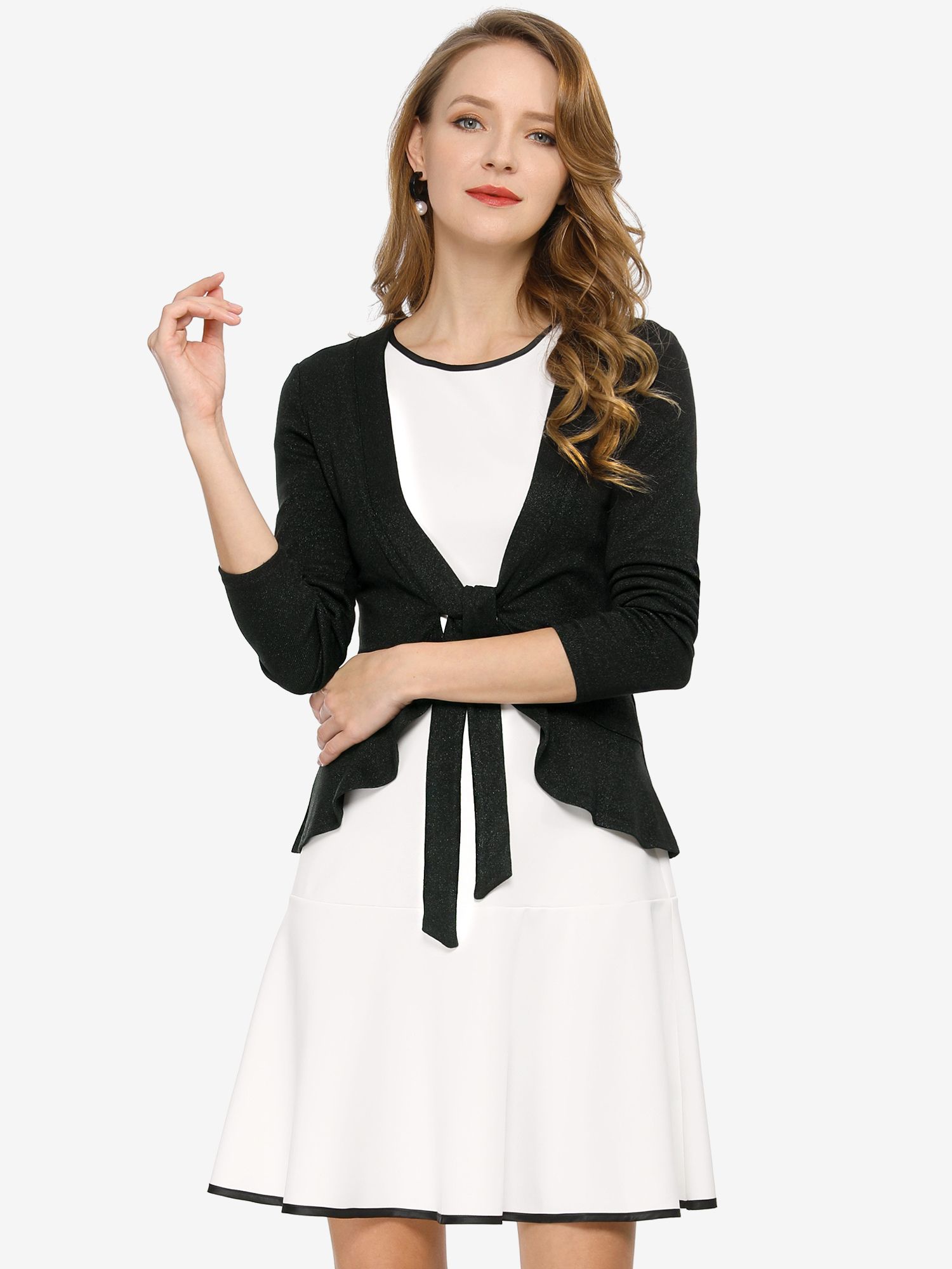 Women's Tie Front Knit Ruffled Long Sleeve Open Cardigan Black/3XL - Allegra K catalog