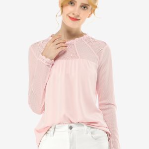 Lace Mesh Long Sleeve Top Round Neck Casual Elegant Blouse Pink/2XL - Allegra K catalog