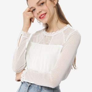 Lace Mesh Long Sleeve Top Round Neck Casual Elegant Blouse White/3XL - Allegra K catalog