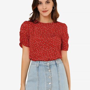 Floral Crew Neck Ruched Sleeve Casual Blouse Red/M - Allegra K catalog