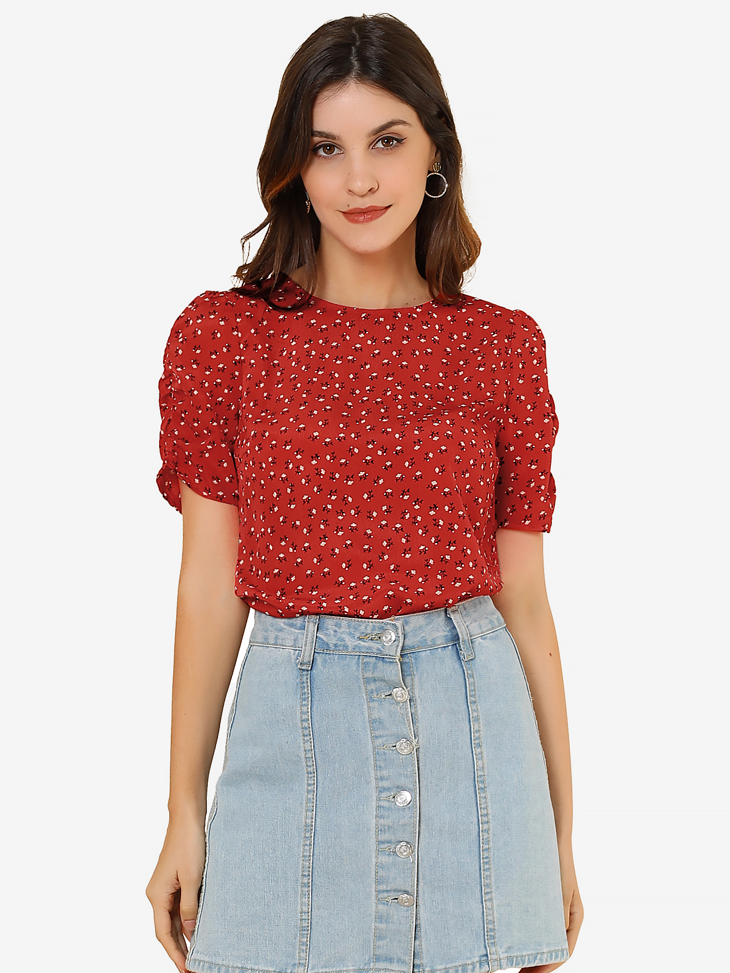 Floral Crew Neck Ruched Sleeve Casual Blouse Red/M - Allegra K catalog