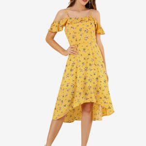 Spaghetti Strap Asymmetrical High Low Floral A-Line Midi Dress Yellow/L - Allegra K catalog