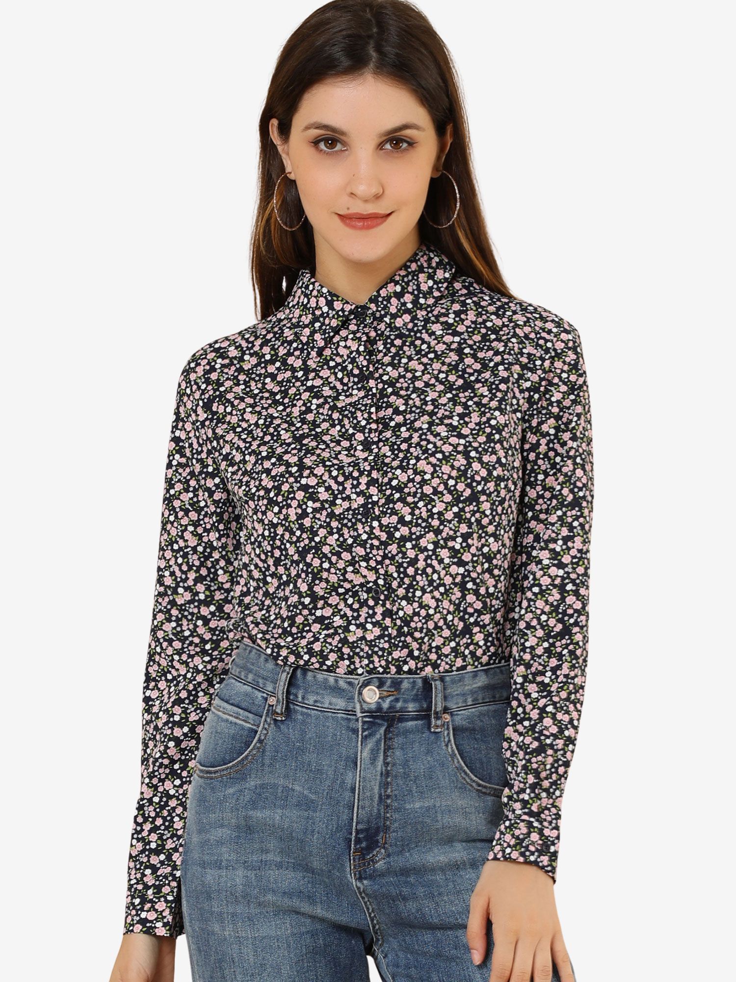 Button Down Floral Long Sleeve Point Collar Blouse Dark Blue/XS - Allegra K catalog