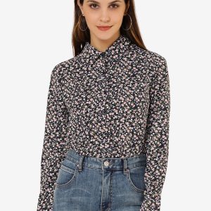 Button Down Floral Long Sleeve Point Collar Blouse Dark Blue/XL - Allegra K catalog