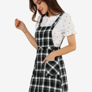 Plaid Tartan Button Decor A-Line Pinafore Overall Dress Black/XL - Allegra K catalog