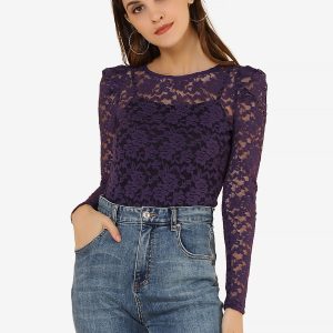 Retro Semi Sheer Puff Long Sleeve Embroidery Lace Blouse Purple/M - Allegra K catalog