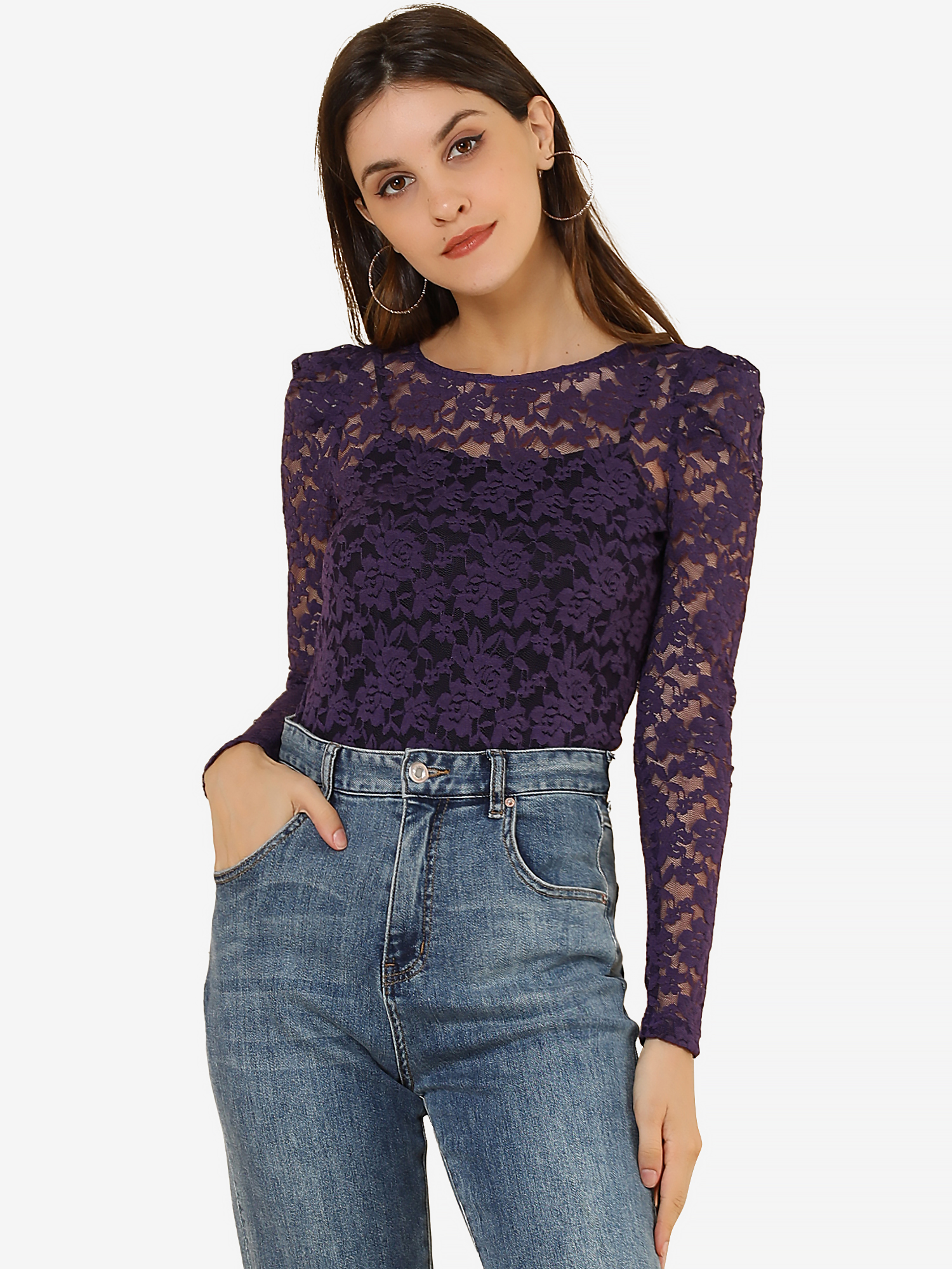 Retro Semi Sheer Puff Long Sleeve Embroidery Lace Blouse Purple/M - Allegra K catalog