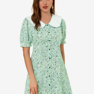 Peter Pan Collar Flowy Short Sleeve Ruffle Summer Floral Shirt Dress Green/L - Allegra K catalog
