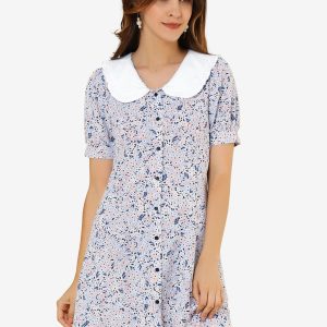 Peter Pan Collar Flowy Short Sleeve Ruffle Summer Floral Shirt Dress Purple/S - Allegra K catalog