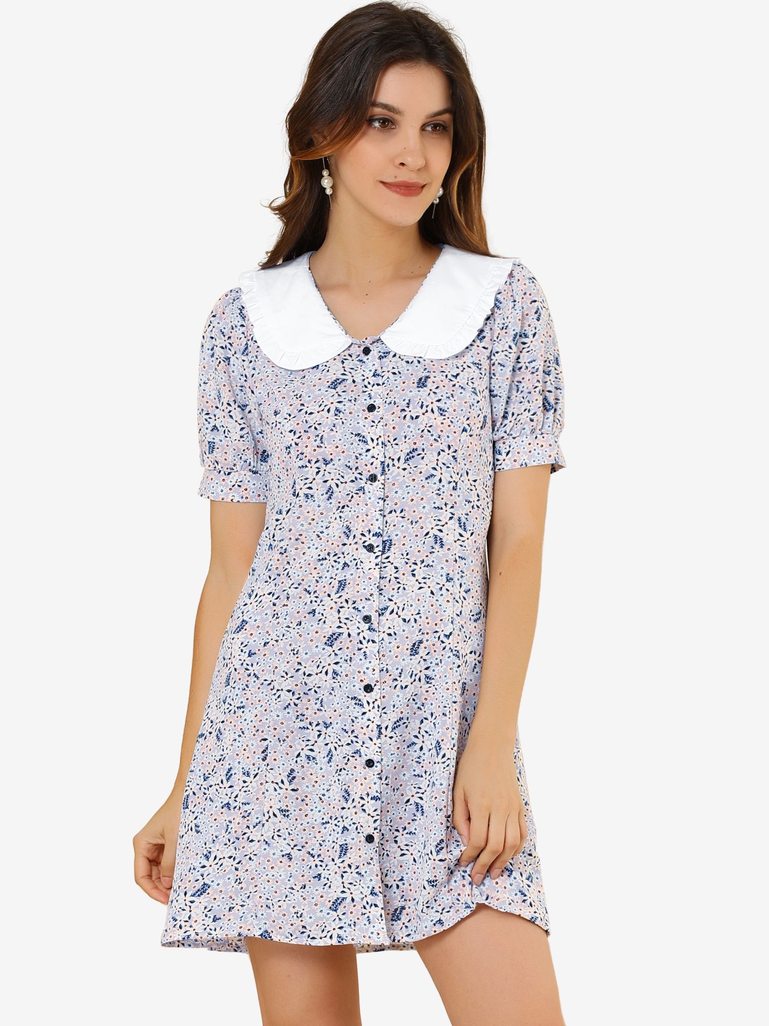 Peter Pan Collar Flowy Short Sleeve Ruffle Summer Floral Shirt Dress Purple/L - Allegra K catalog