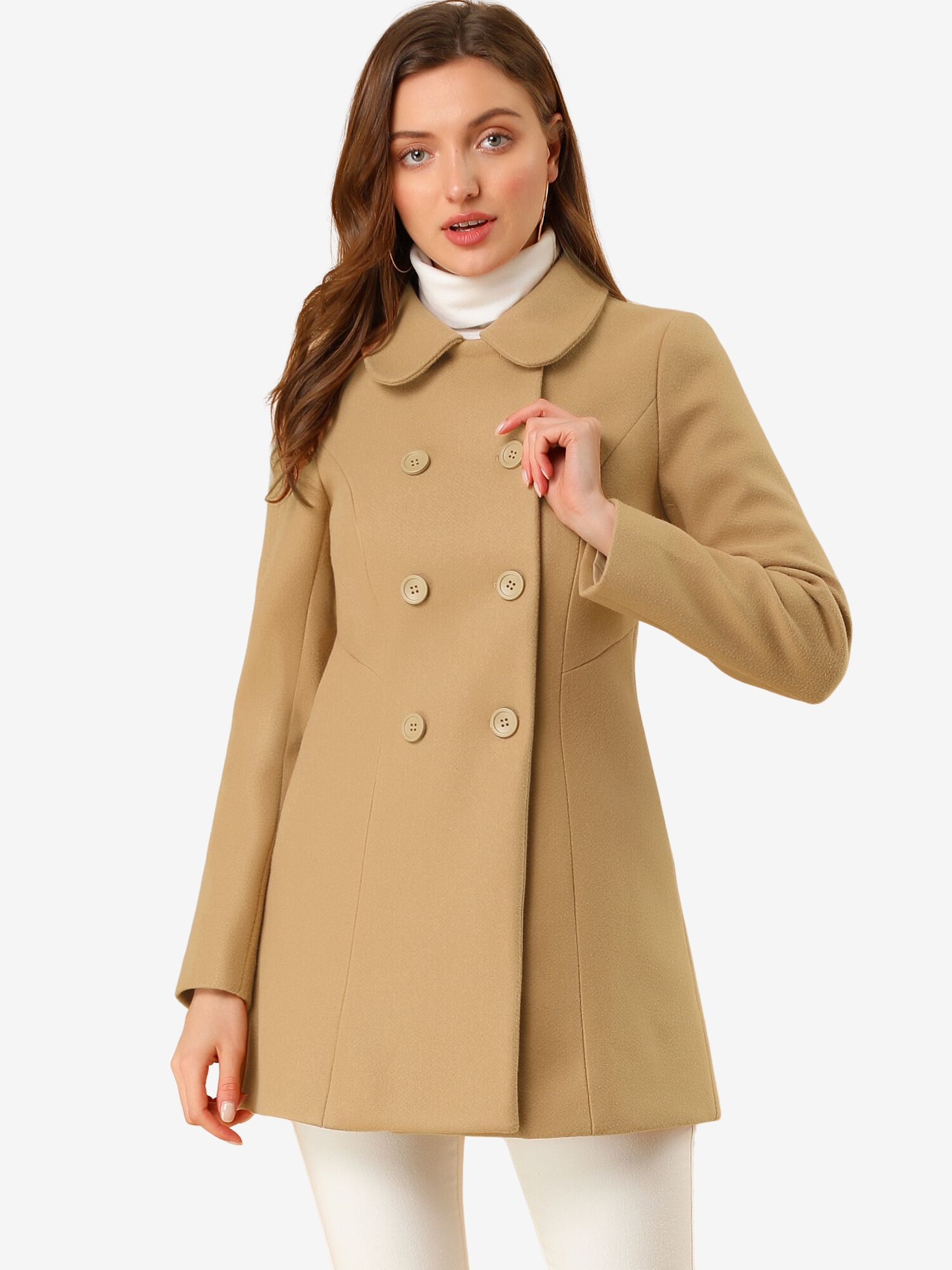 Peter Pan Collar Double Breasted Long Trench Pea Coat Khaki/M - Allegra K catalog