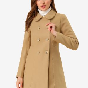Peter Pan Collar Double Breasted Long Trench Pea Coat Khaki/L - Allegra K catalog