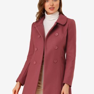 Peter Pan Collar Double Breasted Winter Long Trench Pea Coat Dark Pink/M - Allegra K catalog