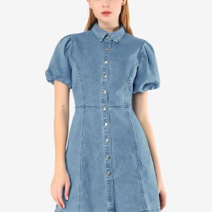 Denim Puff Short Sleeve Collared Button Down Mini Dress Light Blue/XS - Allegra K catalog