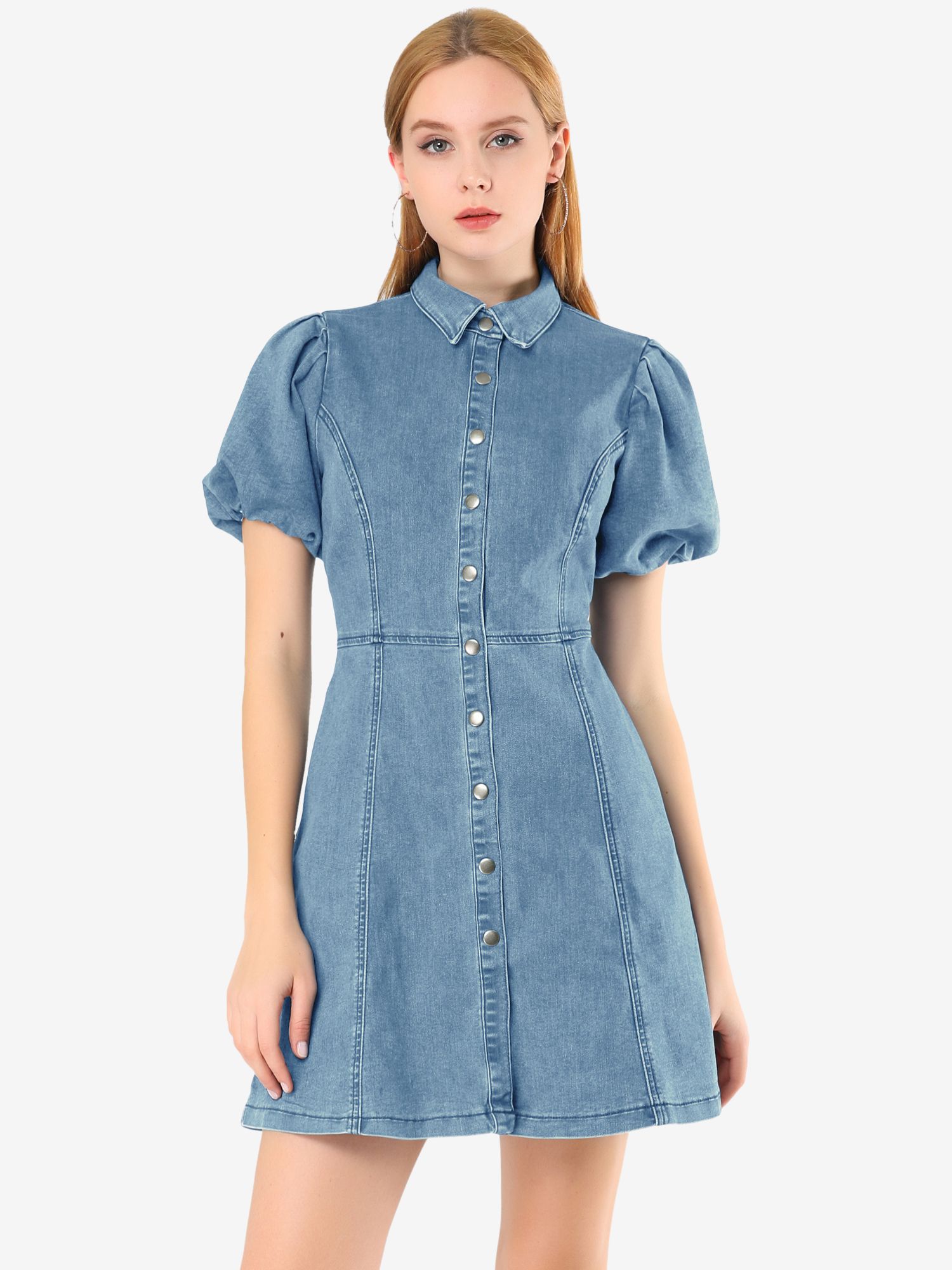 Denim Puff Short Sleeve Collared Button Down Mini Dress Light Blue/XS - Allegra K catalog