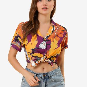 Hawaiian Floral Leaves Tropical Button Down Shirt Purple/XL - Allegra K catalog