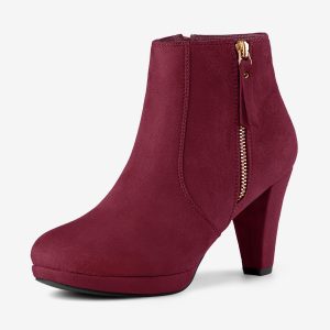 Side Zipper Low Platform Chunky Heel Ankle Booties Burgundy/9.5 - Allegra K catalog
