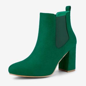 Round Toe Chunky High Heel Ankle Chelsea Boots Emerald Green/8 - Allegra K catalog