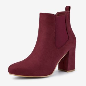 Round Toe Chunky High Heel Ankle Chelsea Boots Burgundy/6 - Allegra K catalog