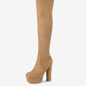 Faux Suede Platform Block Heel Over Knee High Boots Khaki/8.5 - Allegra K catalog