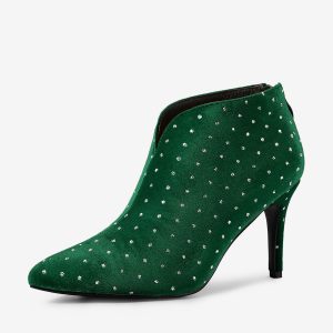Velvet Polka Dot V Cutout Pointed Toe Heel Ankle Boots Green/8 - Allegra K catalog