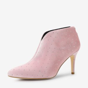 Velvet Polka Dot V Cutout Pointed Toe Heel Ankle Boots Pink/6 - Allegra K catalog