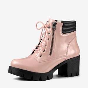 Lug Sole Zip Combat Block Heel Ankle Boots Pink/9.5 - Allegra K catalog
