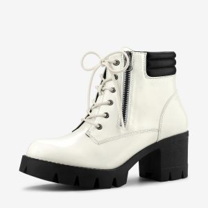 Lug Sole Zip Combat Block Heel Ankle Boots White/7 - Allegra K catalog