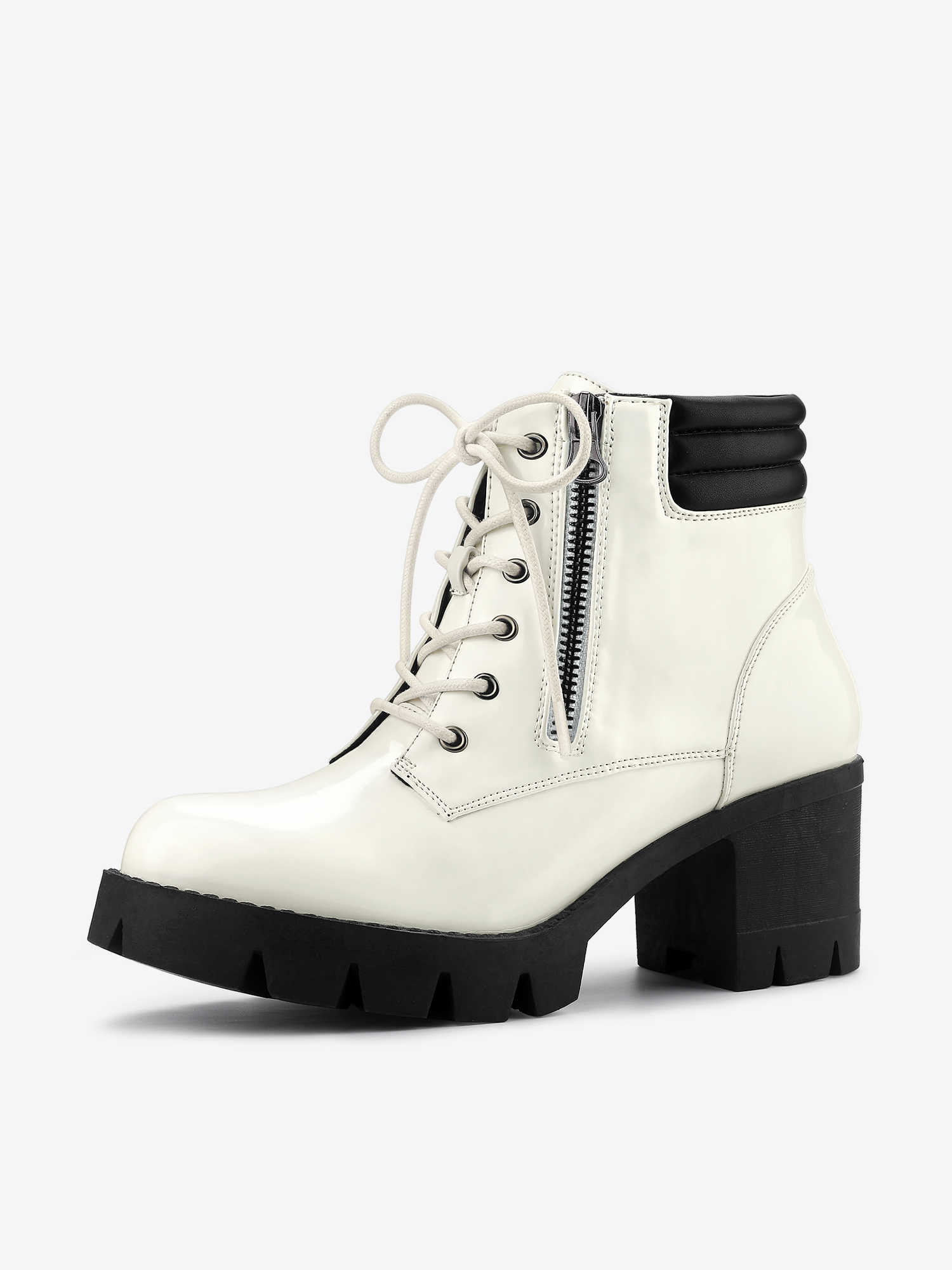 Lug Sole Zip Combat Block Heel Ankle Boots White/7 - Allegra K catalog