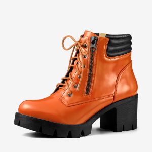 Lug Sole Zip Combat Block Heel Ankle Boots Orange/10 - Allegra K catalog