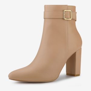 Pointed Toe Buckle Decor Heel Ankle Booties Nude/5.5 - Allegra K catalog