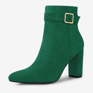 Pointed Toe Buckle Decor Heel Ankle Booties Emerald Green/7 - Allegra K catalog