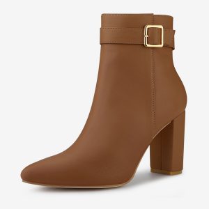 Pointed Toe Buckle Decor Heel Ankle Booties Brown/10 - Allegra K catalog
