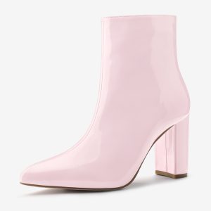 Faux Patent Leather Chunky Heel Pointed Toe Zipper Ankle Boots Pink/5.5 - Allegra K catalog
