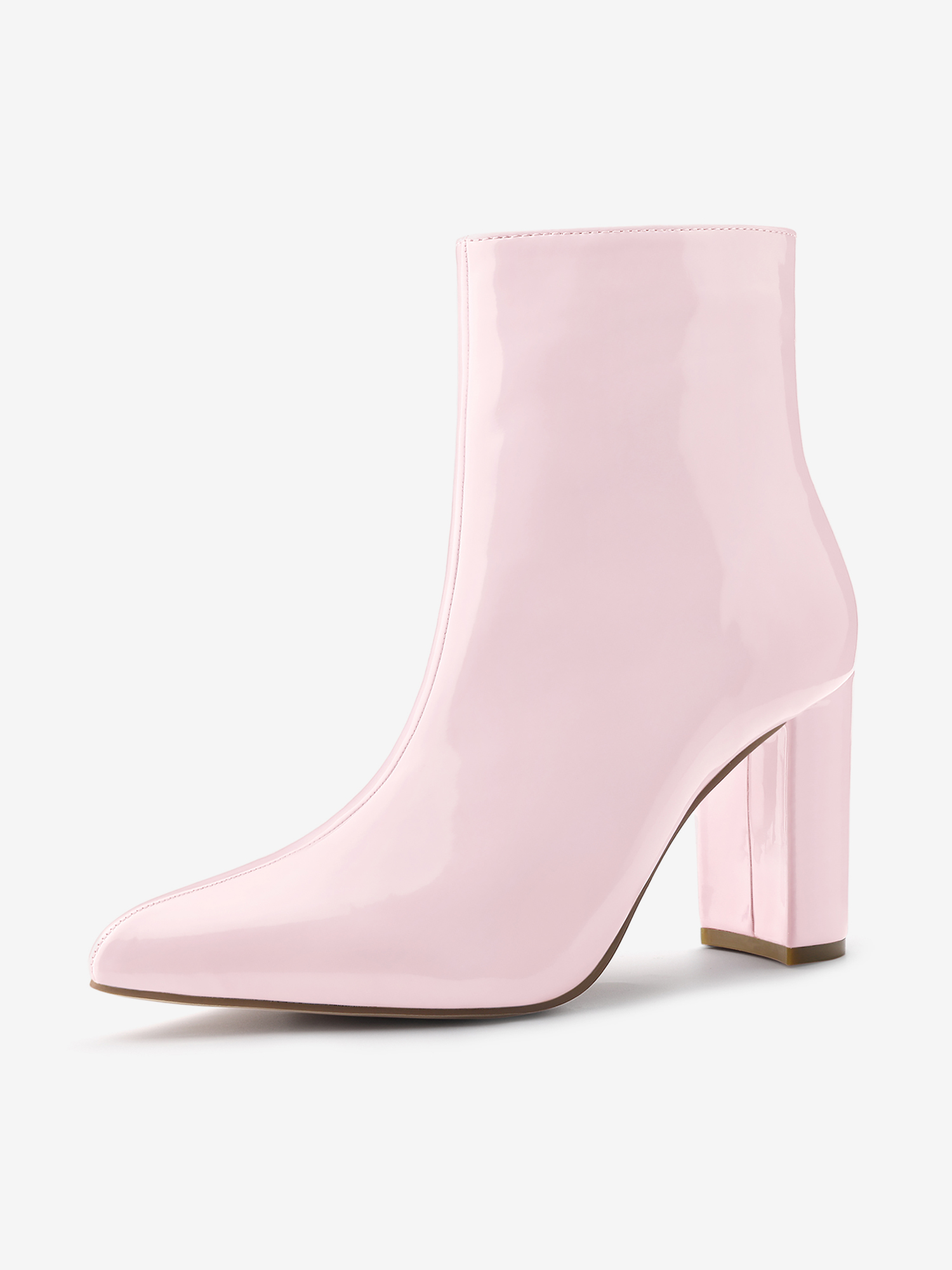 Faux Patent Leather Chunky Heel Pointed Toe Zipper Ankle Boots Pink/9 - Allegra K catalog
