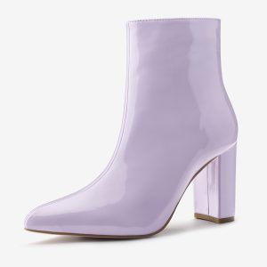 Faux Patent Leather Chunky Heel Pointed Toe Zipper Ankle Boots Purple/7 - Allegra K catalog