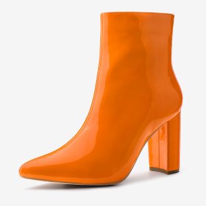 Faux Patent Leather Chunky Heel Pointed Toe Zipper Ankle Boots Orange/9 - Allegra K catalog