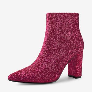 Glitter Pointed Toe Chunky Heel Zipper Ankle Boots Hot Pink/7 - Allegra K catalog