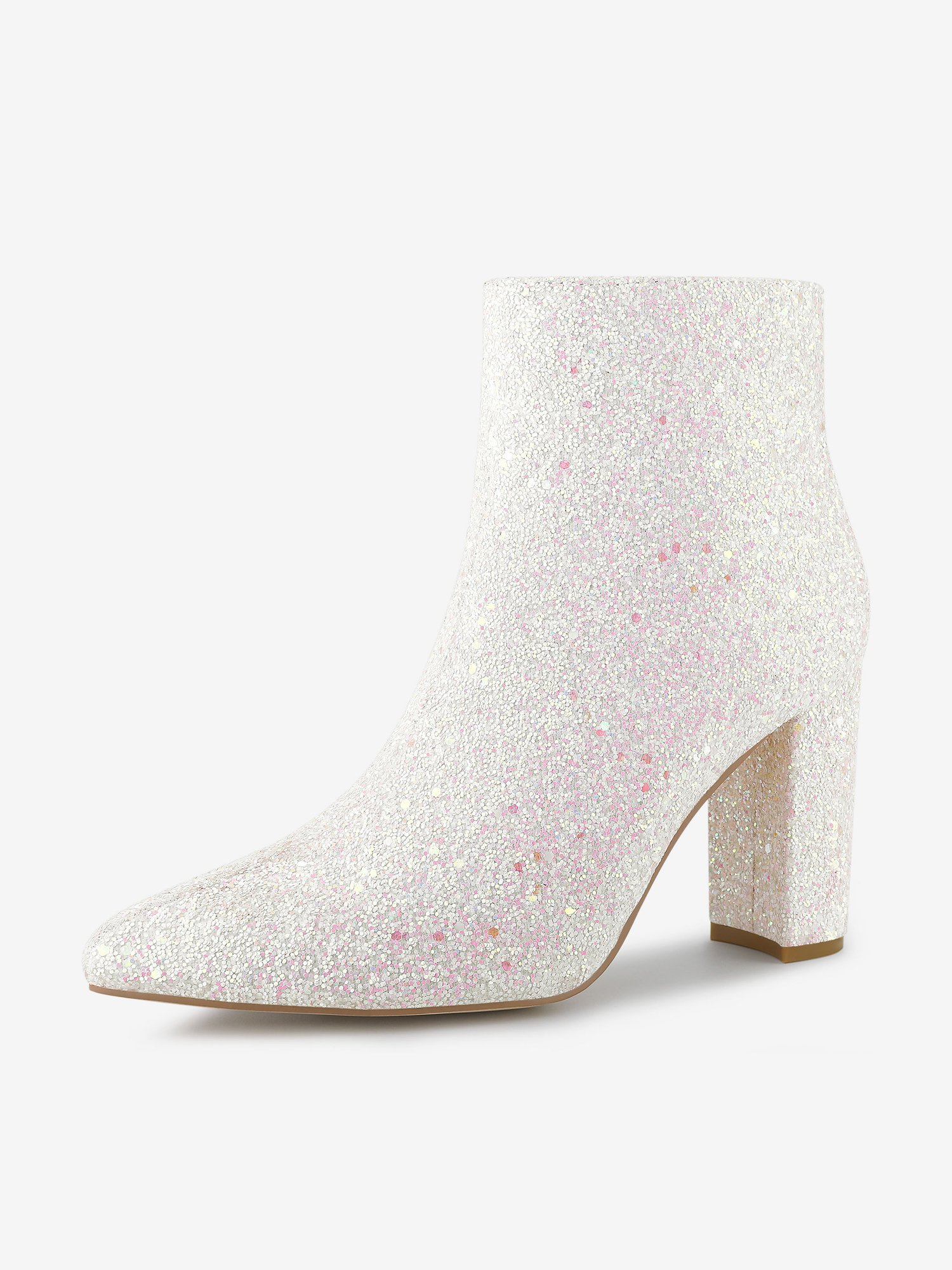 Glitter Pointed Toe Chunky Heel Zipper Ankle Boots White/7 - Allegra K catalog