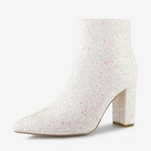 Glitter Pointed Toe Chunky Heel Zipper Ankle Boots White/8 - Allegra K catalog