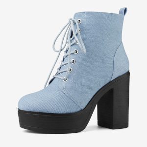Platform Chunky High Heel Lace Up Combat Boots Denim Blue/7.5 - Allegra K catalog