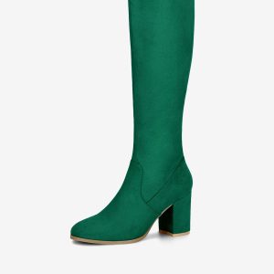 Side Zipper Faux Suede Chunky Heel Knee High Boots Emerald Green/6 - Allegra K catalog