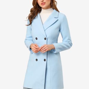 Notched Lapel Double Breasted Outwear Winter Long Coat Baby Blue/S - Allegra K catalog