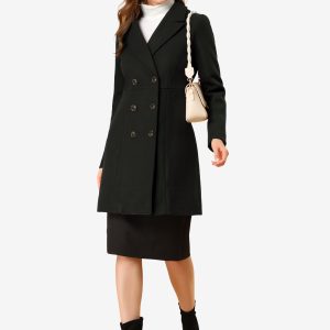Notched Lapel Double Breasted Outwear Winter Long Coat Black/S - Allegra K catalog