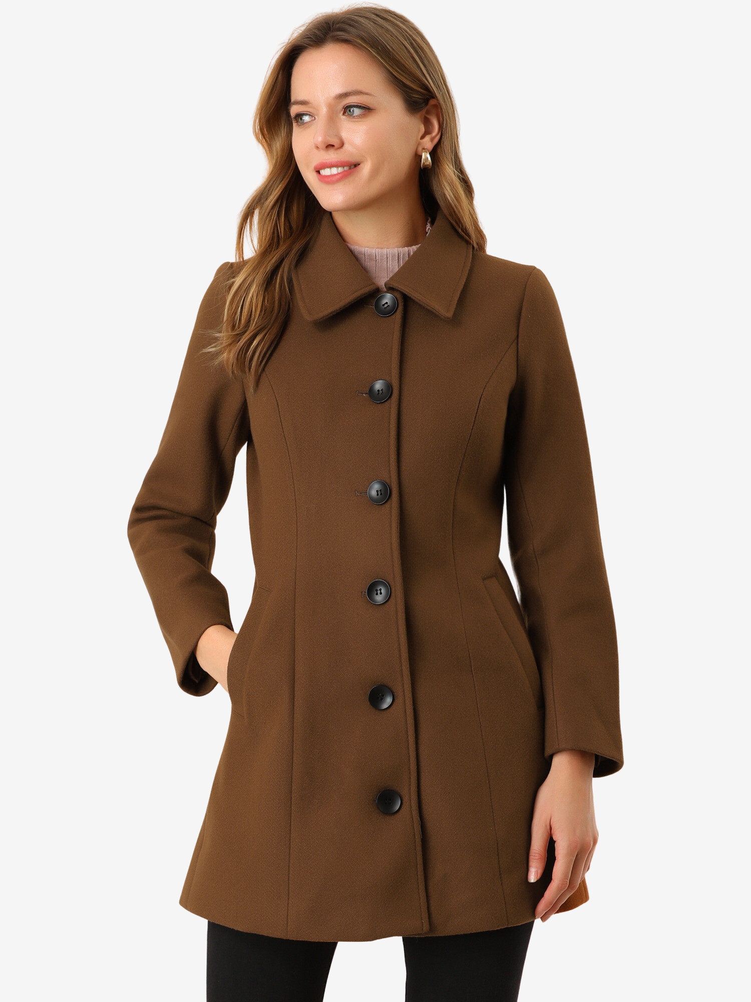 Solid Winter Single Breasted Long Warm Pocketed Pea Coat Brown/L - Allegra K catalog